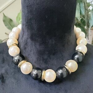 Vintage Large White Faux Pearls & Acrylic Black Beads Statement Choker Necklace